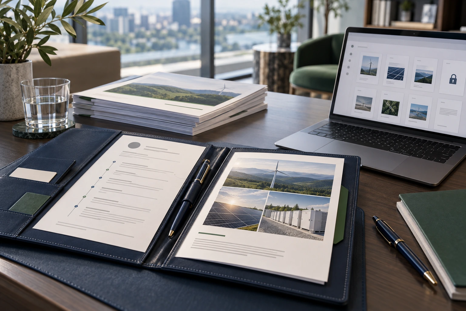 Symbolic document portfolio with a CV, energy project references and a laptop for digital document access.
